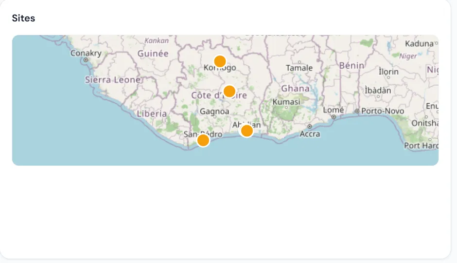 Carte de la Côte d'Ivoire dans Alice, avec un repère par site du parc, de Korhogo à San-Pédro.